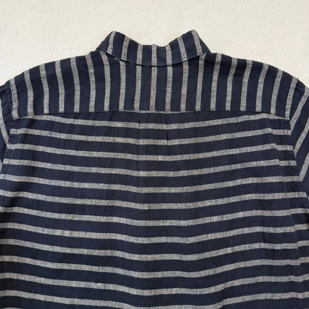 J.Crew 100% Linen Button Down Shirt SS Blue Gray Stripe Fisherman Coastal Mens M